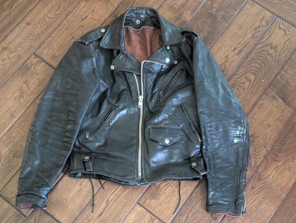 Vintage 70s Black Leather Motorcycle Jacket Mens 38 Talon Zip Biker